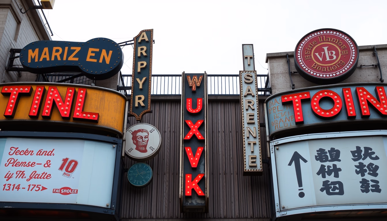 tin advertising signs row in editorial style