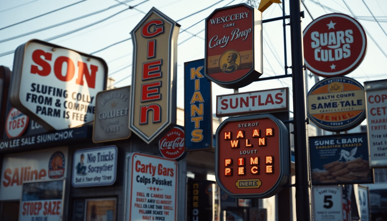 tin advertising signs row in editorial style