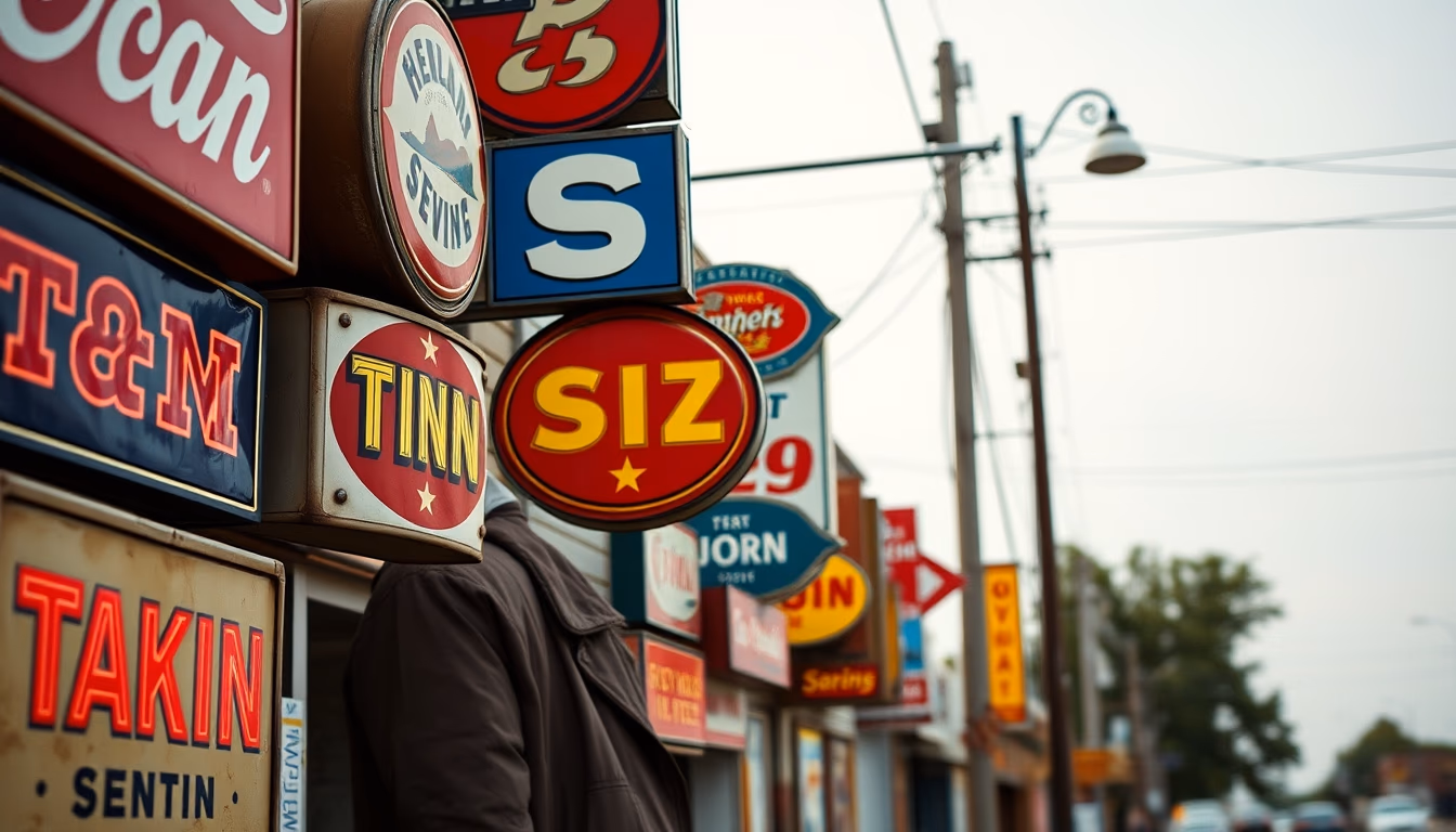 tin advertising signs row in editorial style