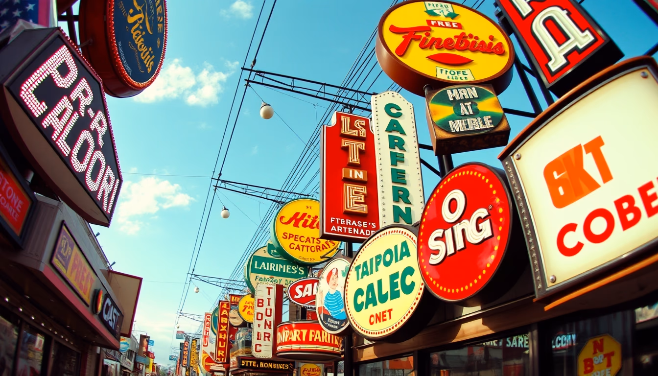 tin advertising signs row in editorial style