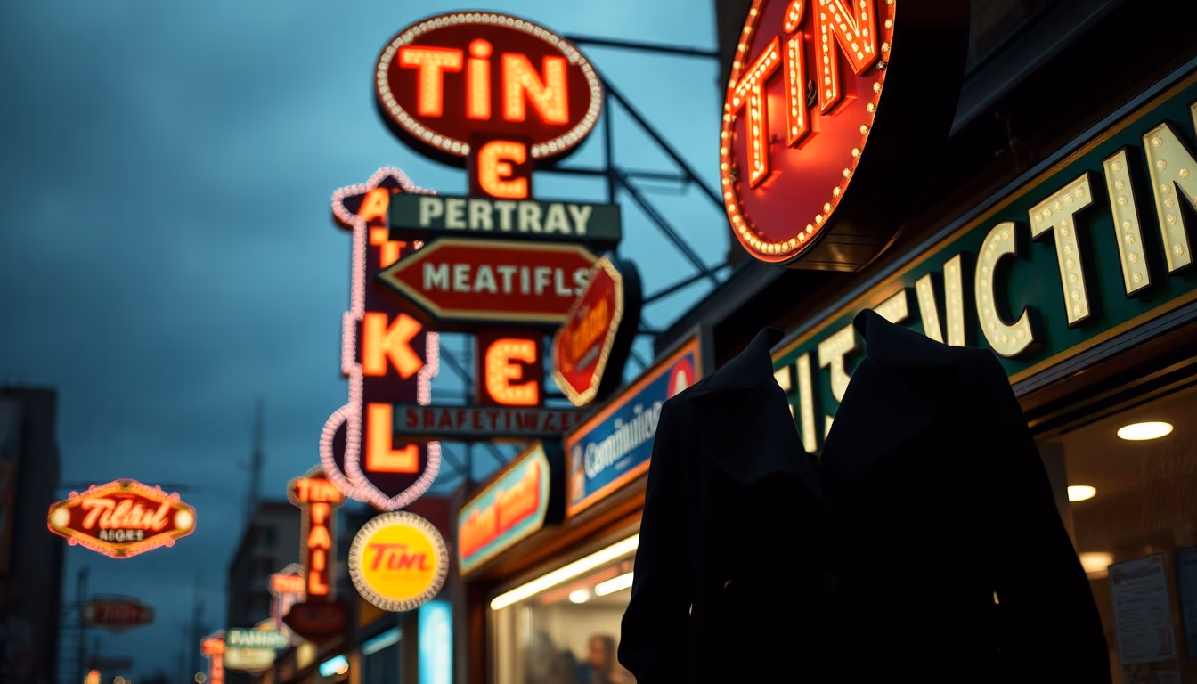 tin advertising signs row in editorial style