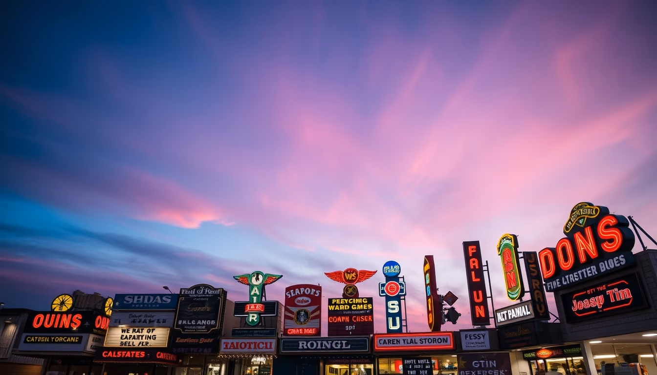 tin advertising signs row in editorial style