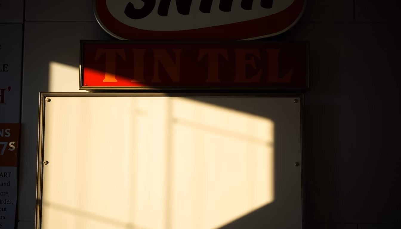 tin advertising signs row in editorial style