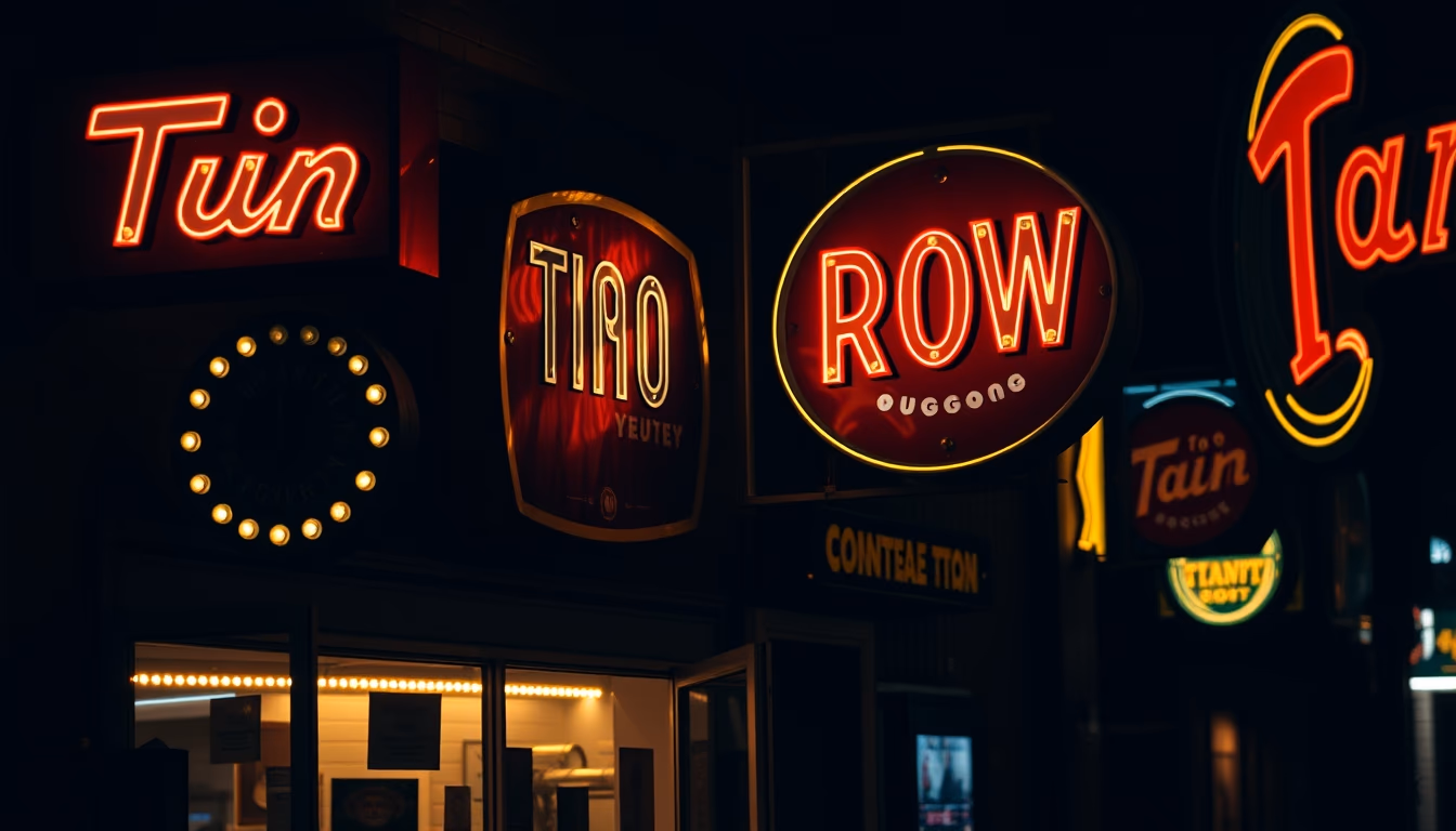 tin advertising signs row in editorial style