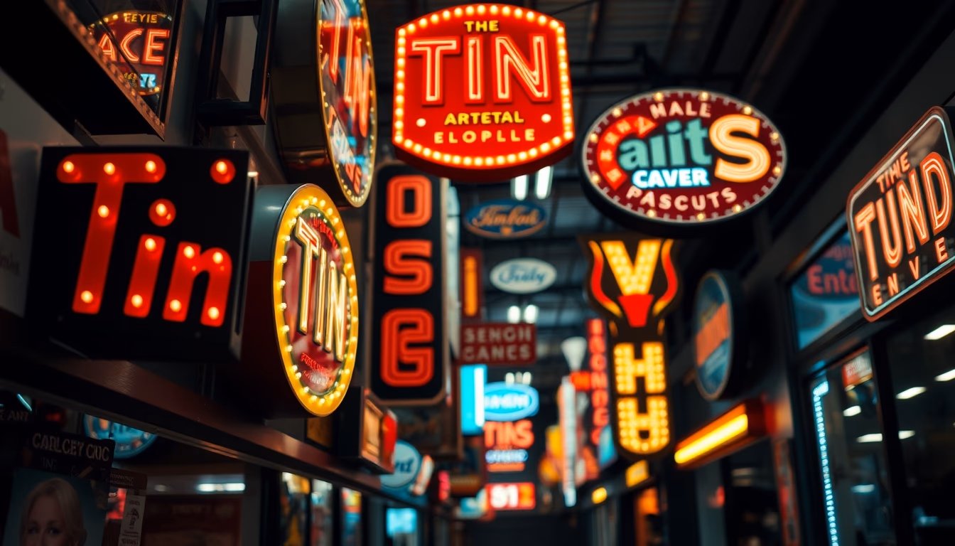 tin advertising signs row in editorial style