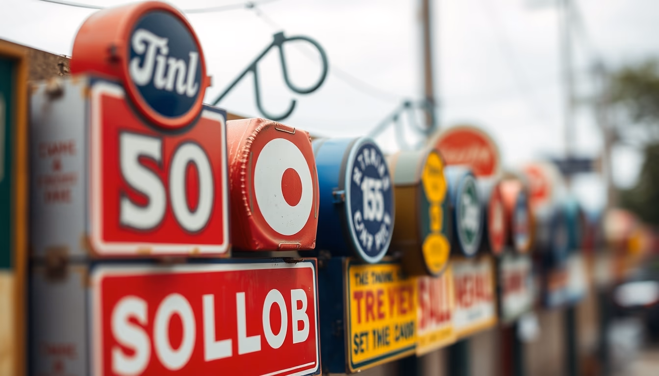 tin advertising signs row in editorial style