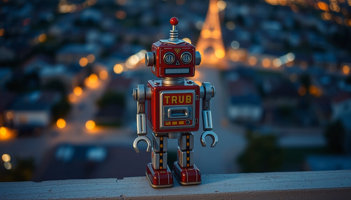 tin robot toy 1950s in editorial style