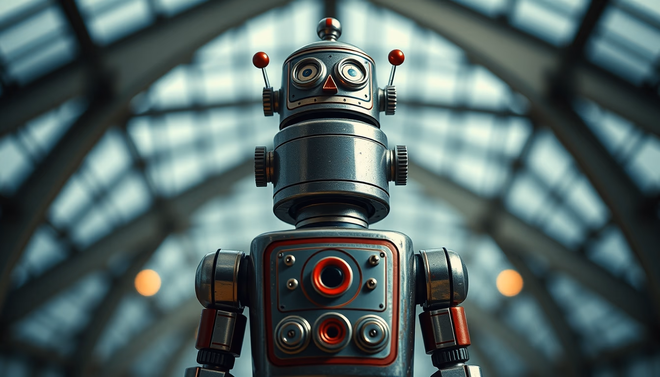 tin robot toy 1950s in editorial style