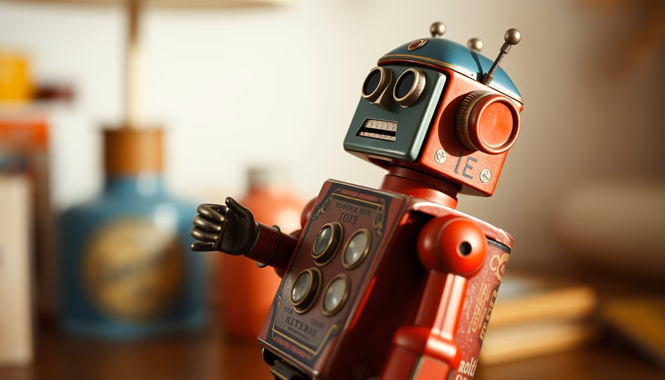 tin robot toy 1950s in editorial style