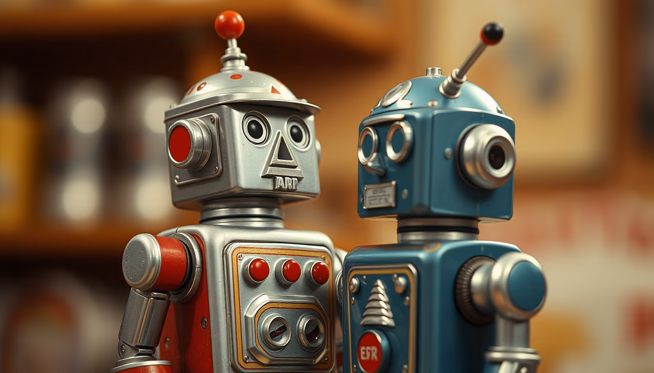 tin robot toy 1950s in editorial style