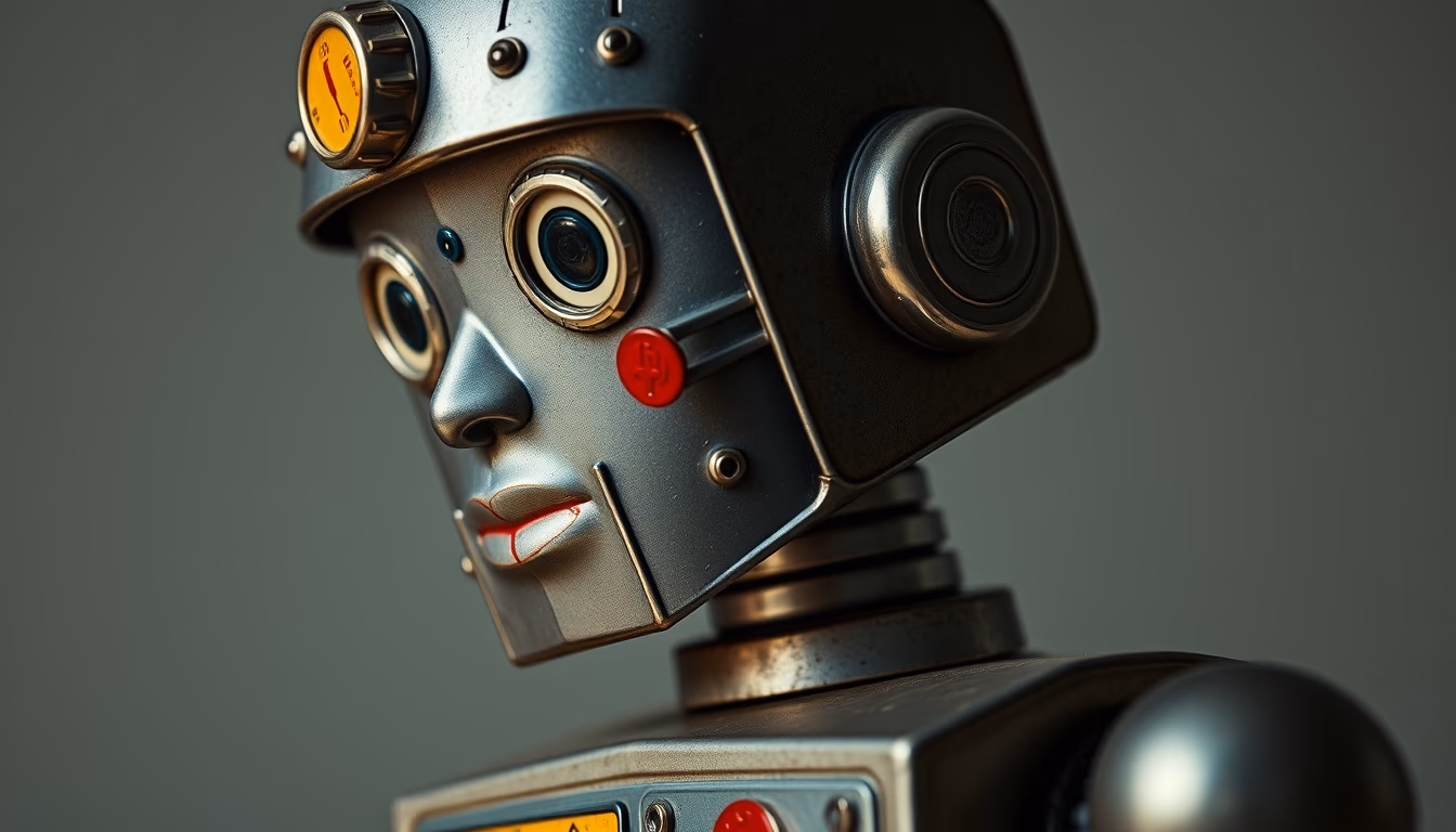 tin robot toy 1950s in editorial style