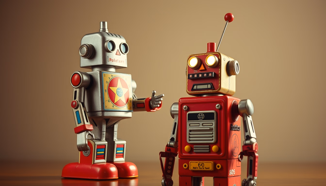 tin robot toy 1950s in editorial style