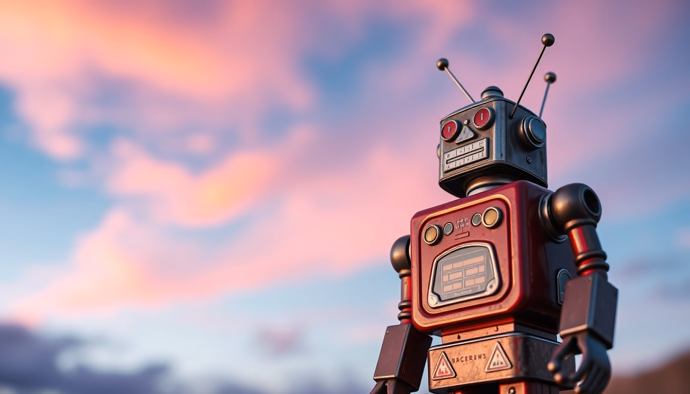 tin robot toy 1950s in editorial style