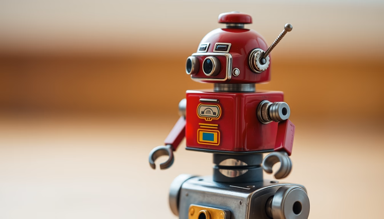 tin robot toy 1950s in editorial style