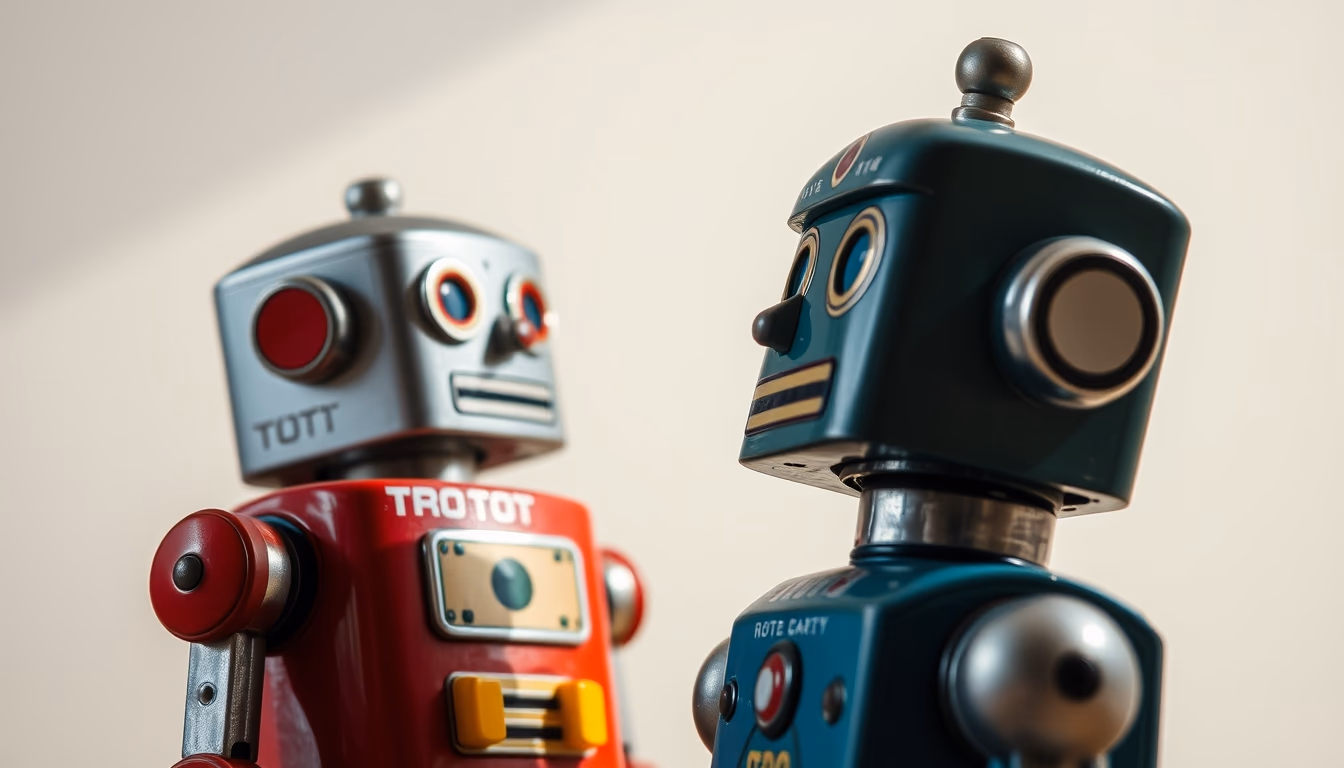 tin robot toy 1950s in editorial style