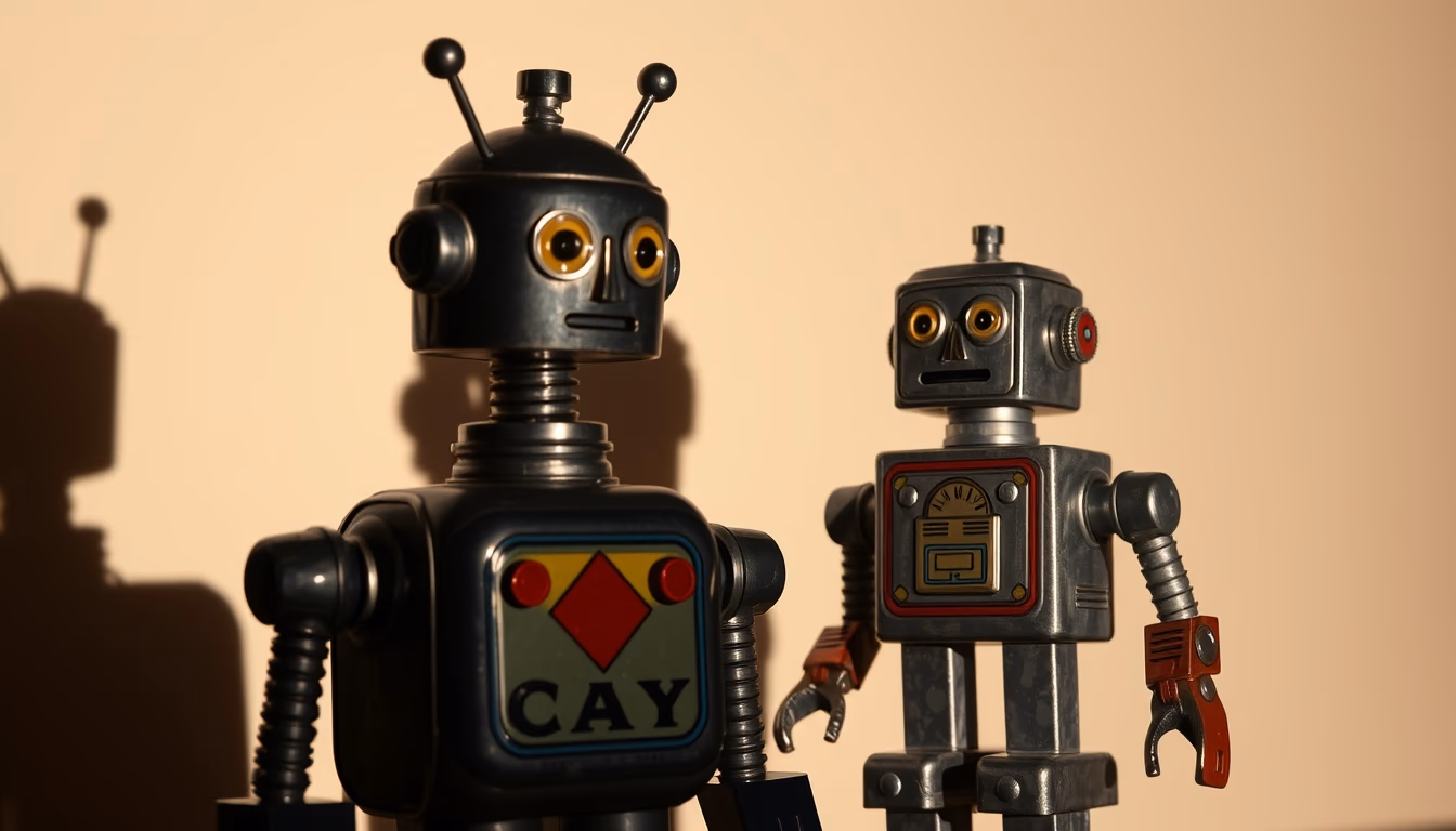 tin robot toy 1950s in editorial style