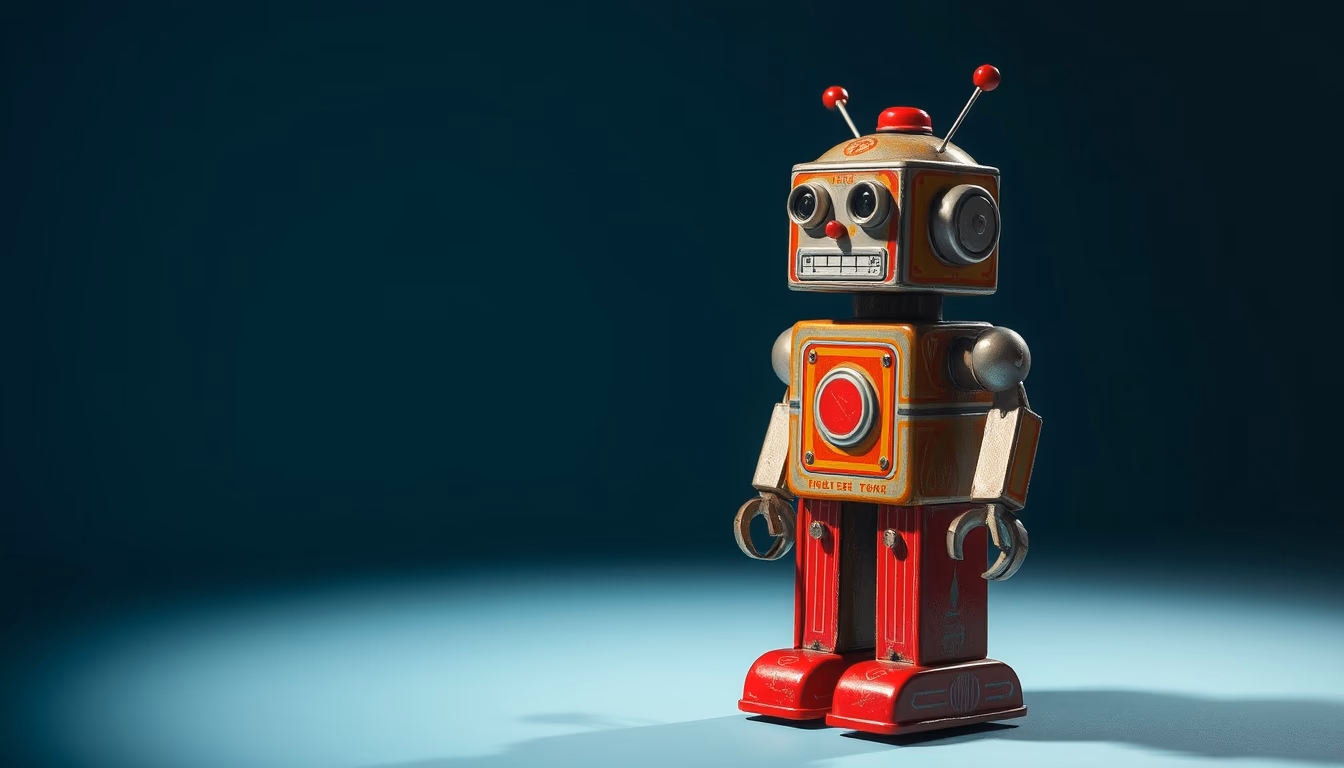 tin robot toy 1950s in editorial style