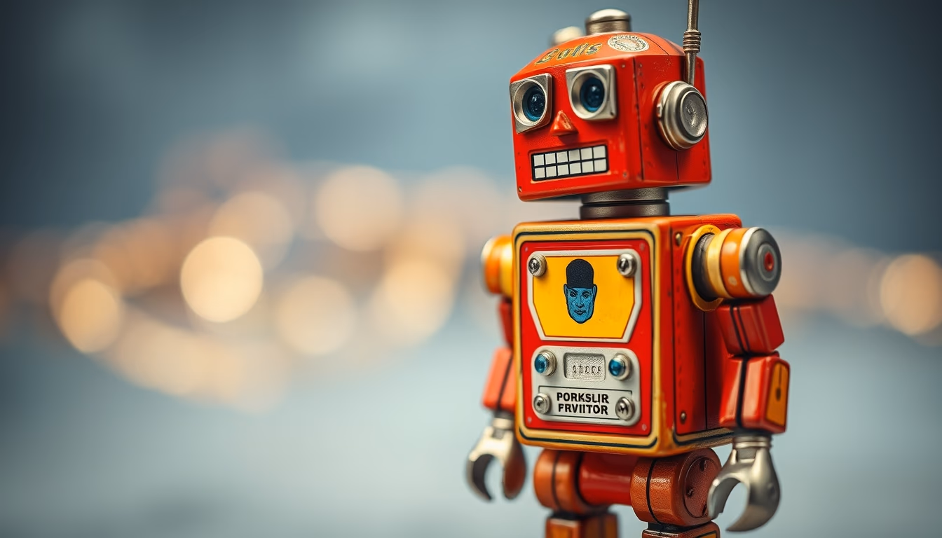 tin robot toy 1950s in editorial style