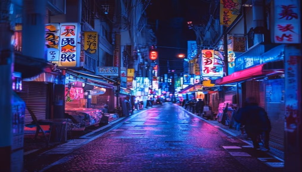tokyo neon street at night in editorial style