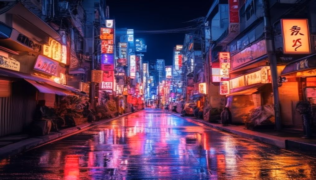 tokyo neon street at night in editorial style