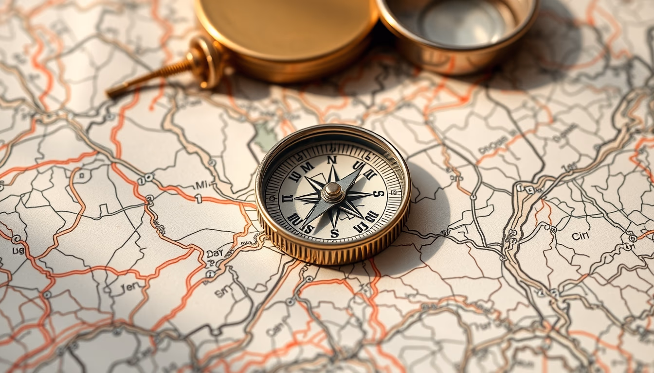 topographic map compass in editorial style