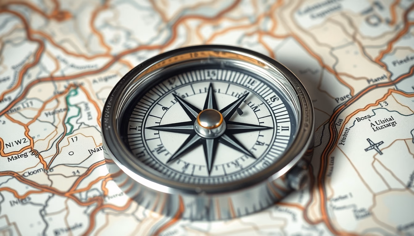 topographic map compass in editorial style
