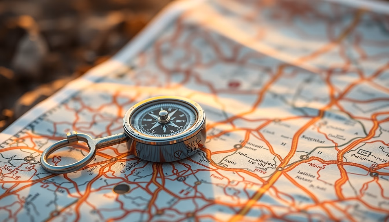 topographic map compass in editorial style