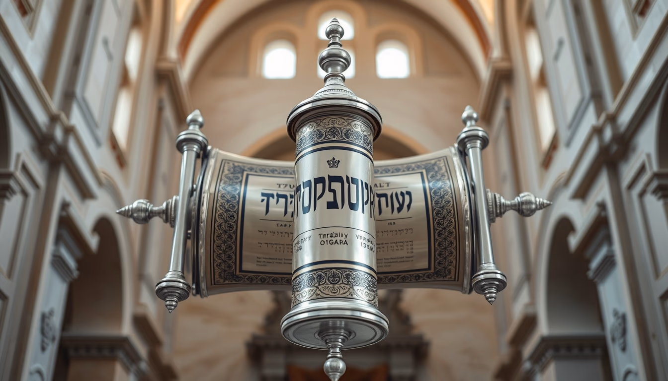 torah scroll silver casing in editorial style