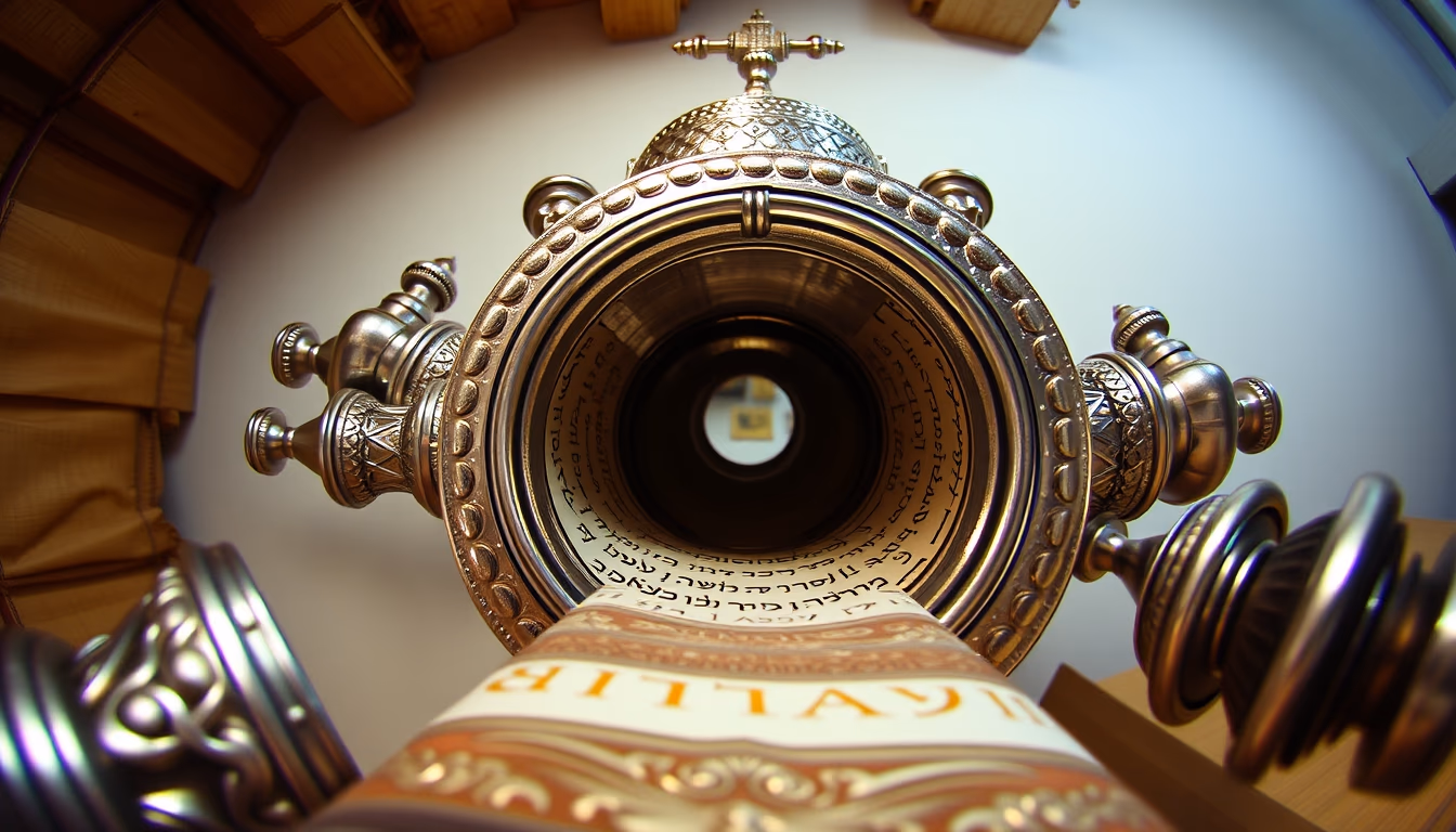 torah scroll silver casing in editorial style