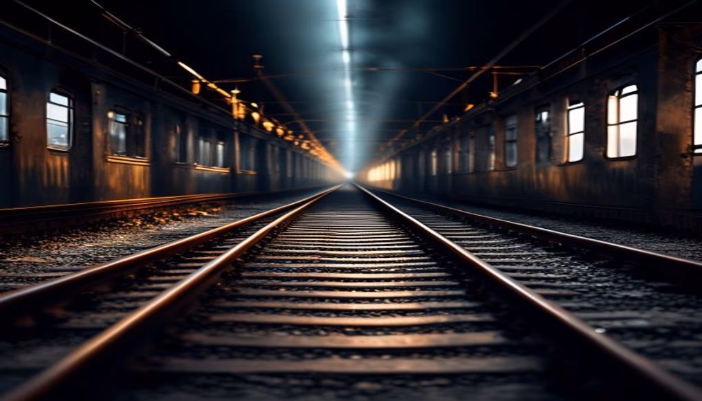 train tracks vanishing point in editorial style