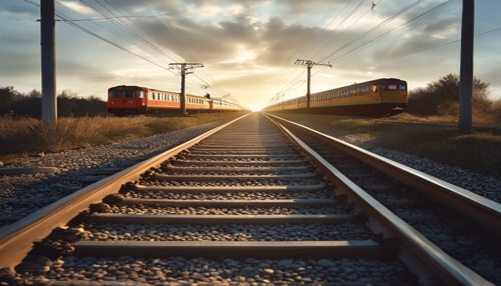 train tracks vanishing point in editorial style