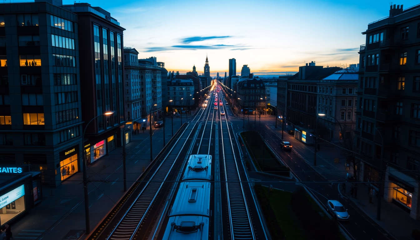 tram rails city in editorial style