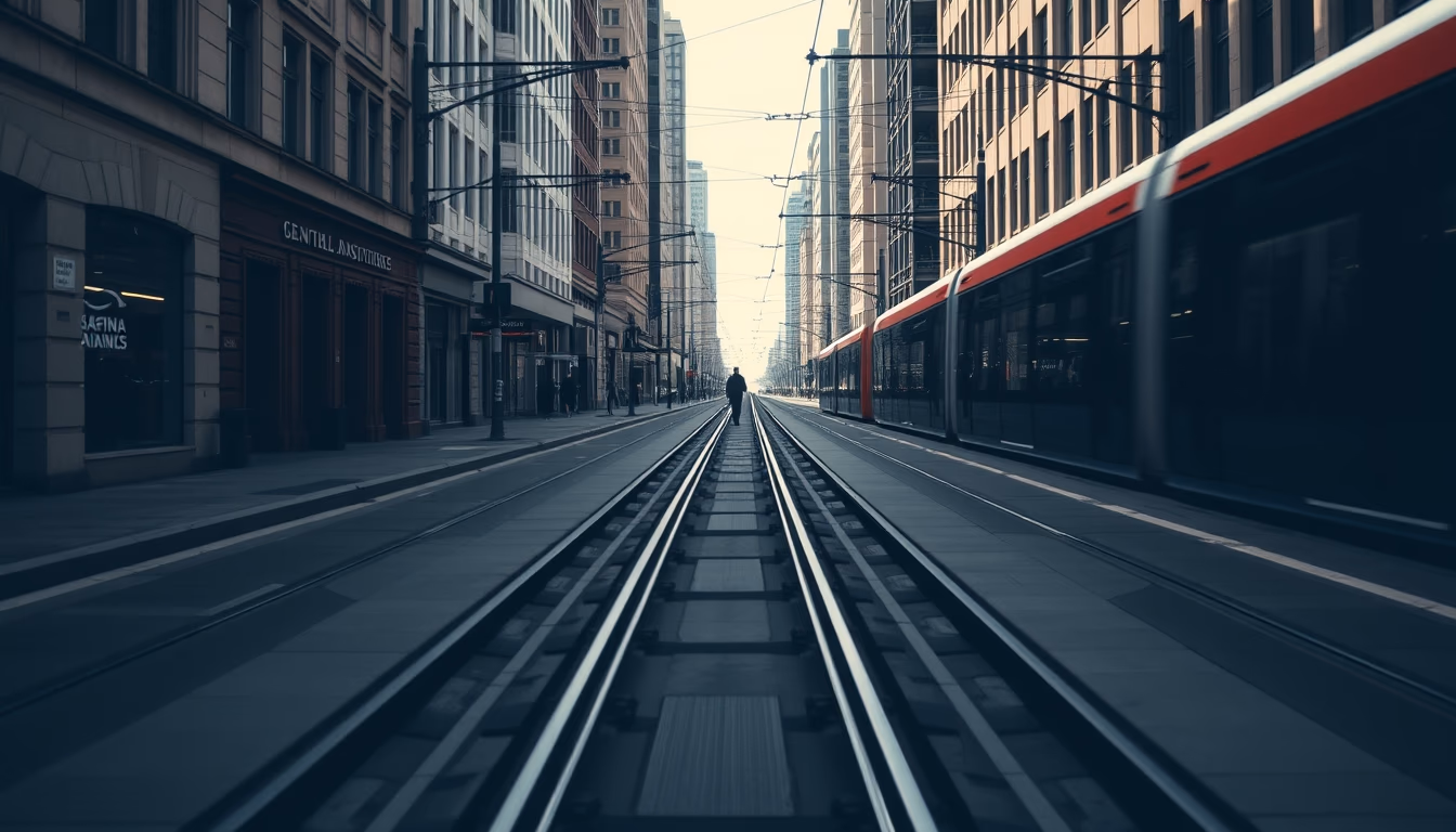 tram rails city in editorial style