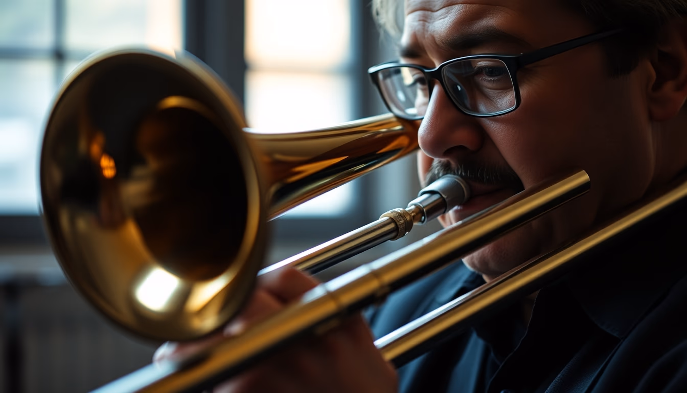 trombone slide closeup in editorial style