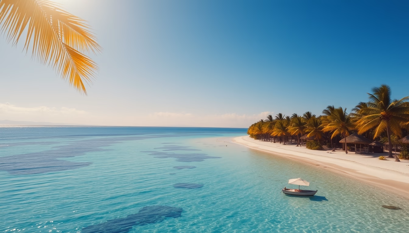 tropical beach paradise crystal clear water and palm trees in editorial style