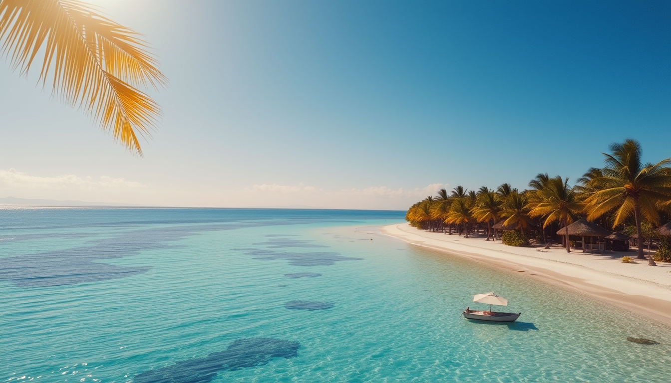 Praia tropical paradisíaca água cristalina e palmeiras em estilo editorial