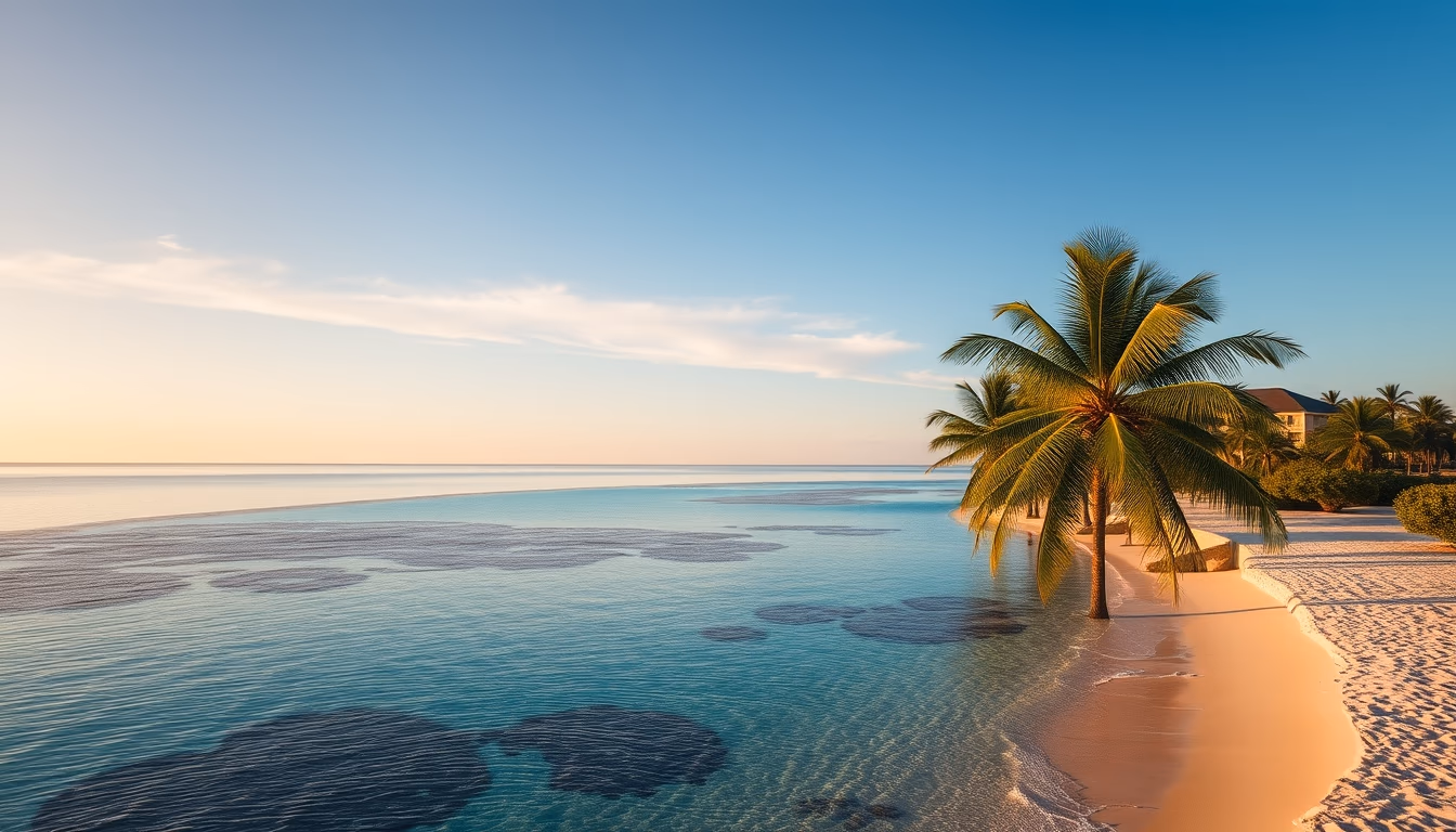 tropical beach paradise crystal clear water and palm trees in editorial style