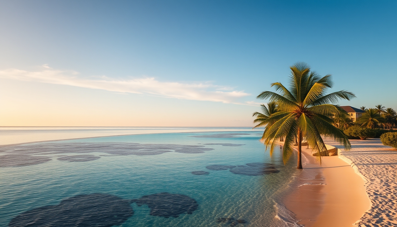 Praia tropical paradisíaca água cristalina e palmeiras em estilo editorial