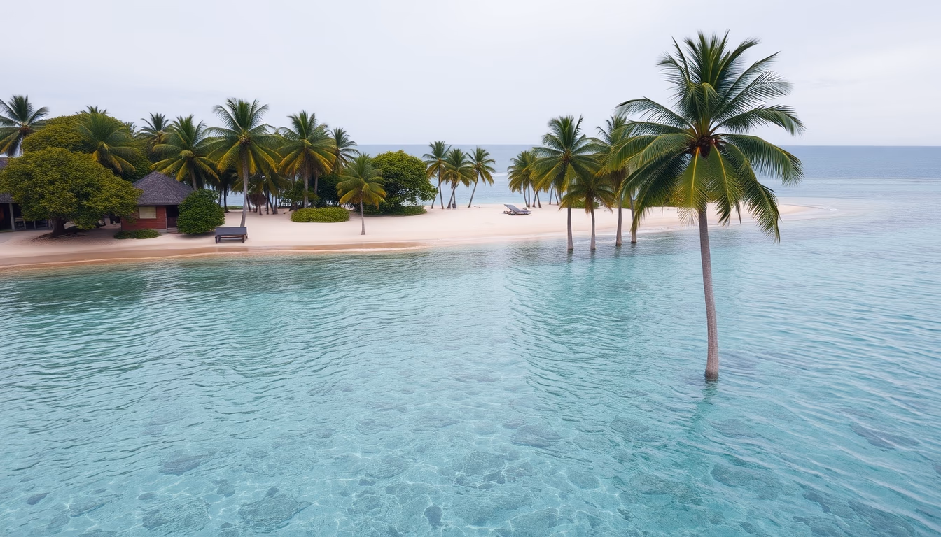tropical beach paradise crystal clear water and palm trees in editorial style