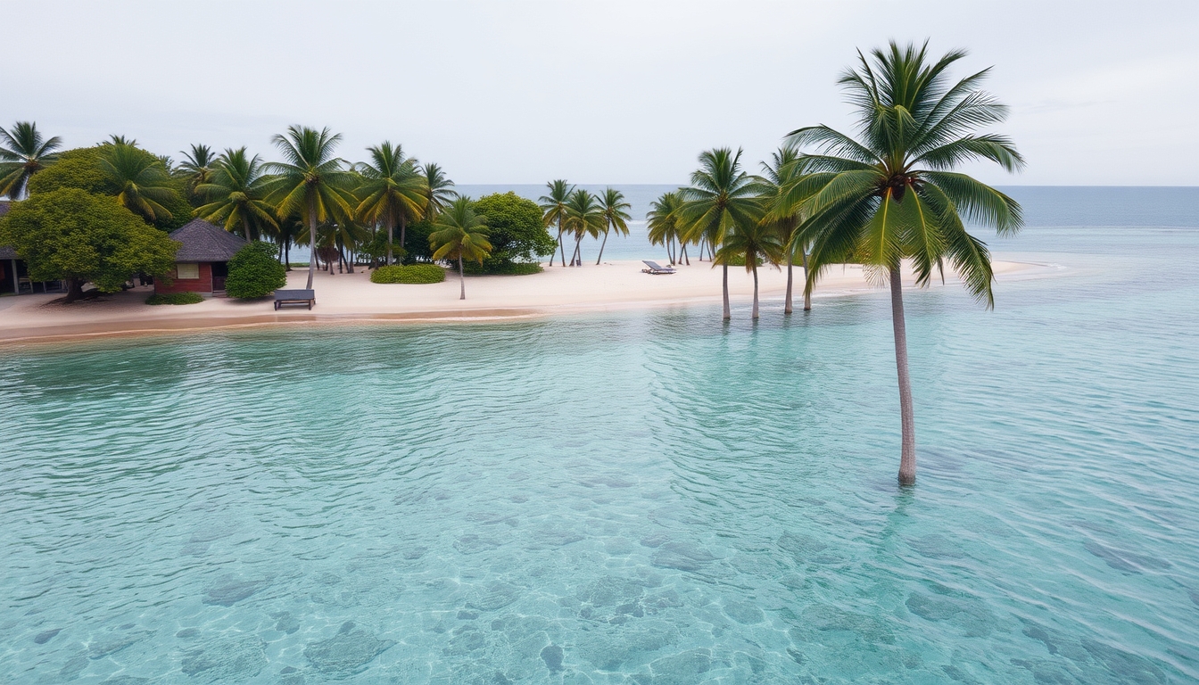 Praia tropical paradisíaca água cristalina e palmeiras em estilo editorial