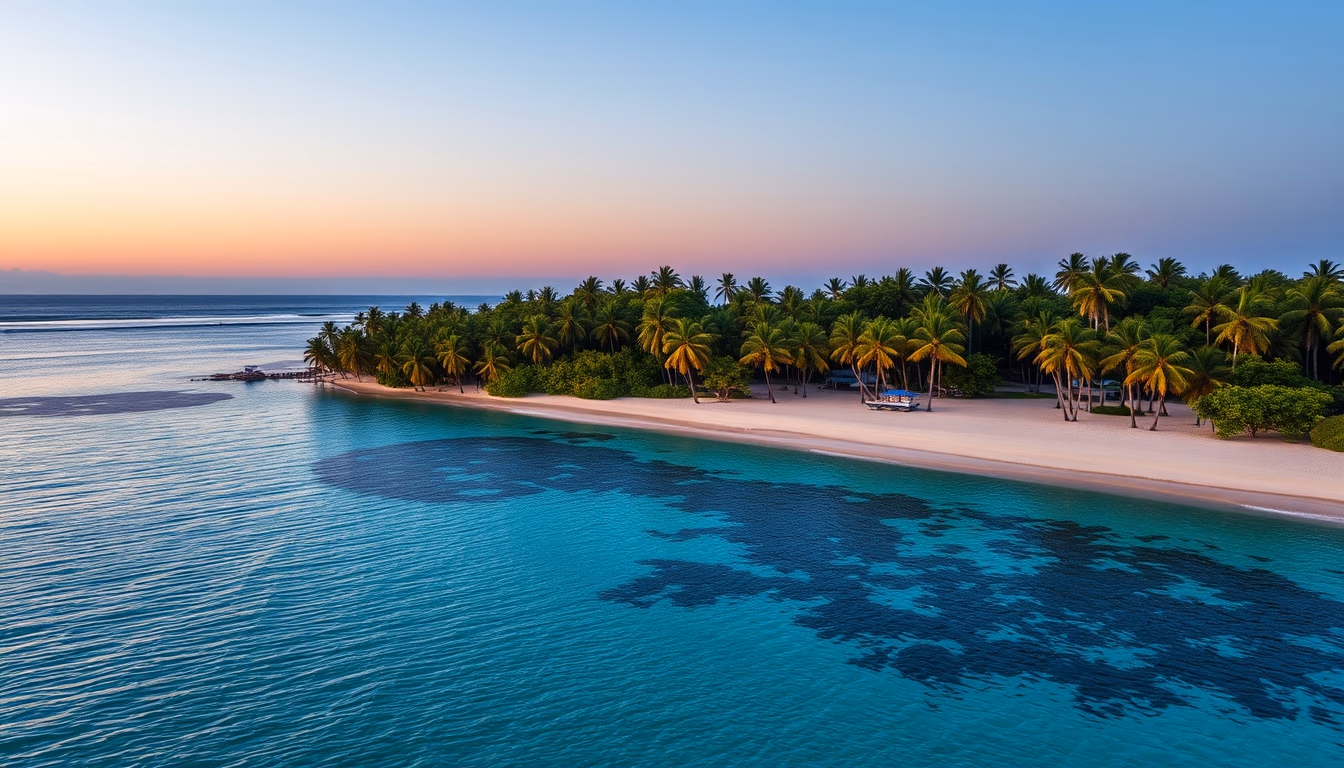 tropical beach paradise crystal clear water and palm trees in editorial style