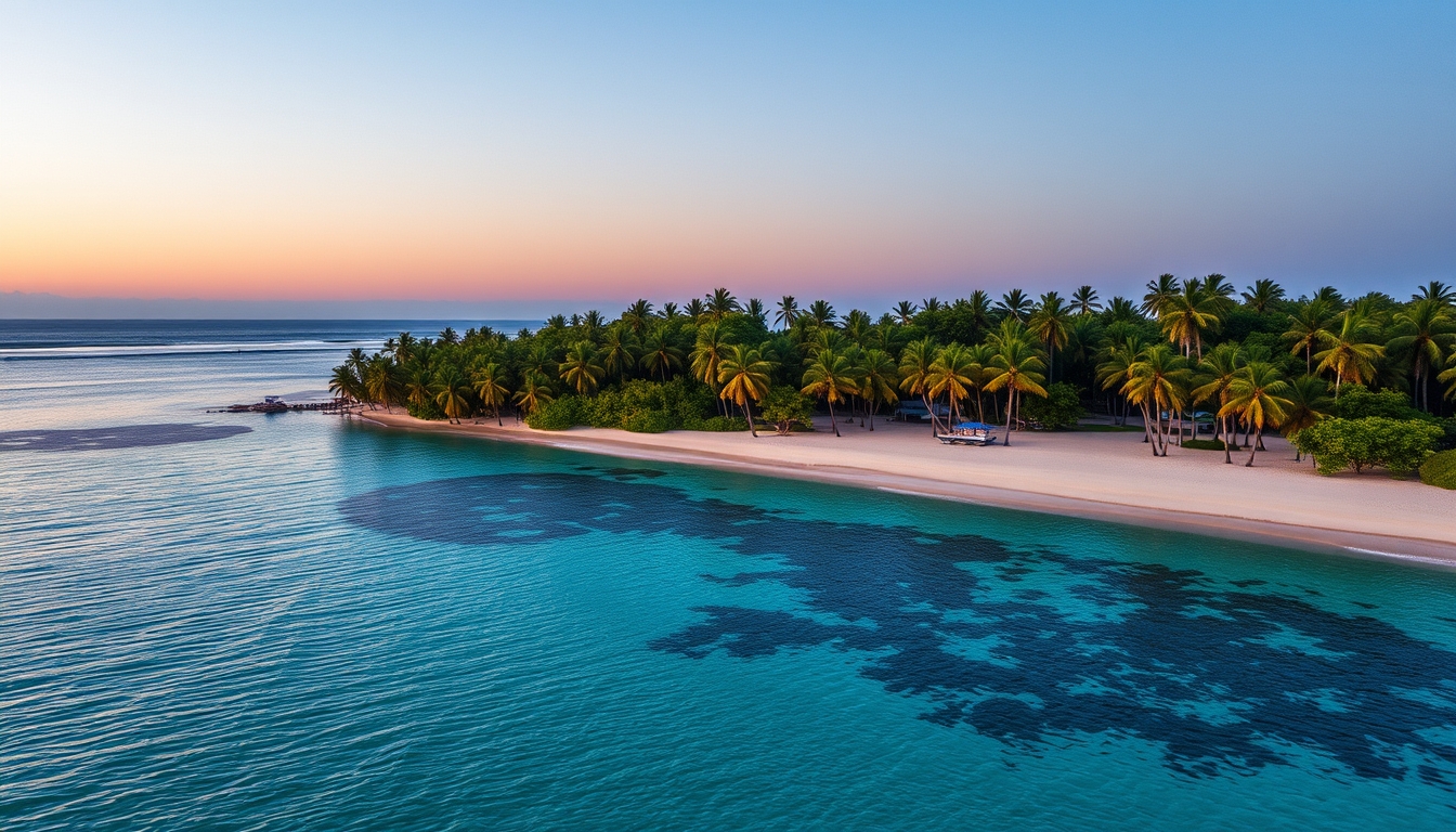 Praia tropical paradisíaca água cristalina e palmeiras em estilo editorial