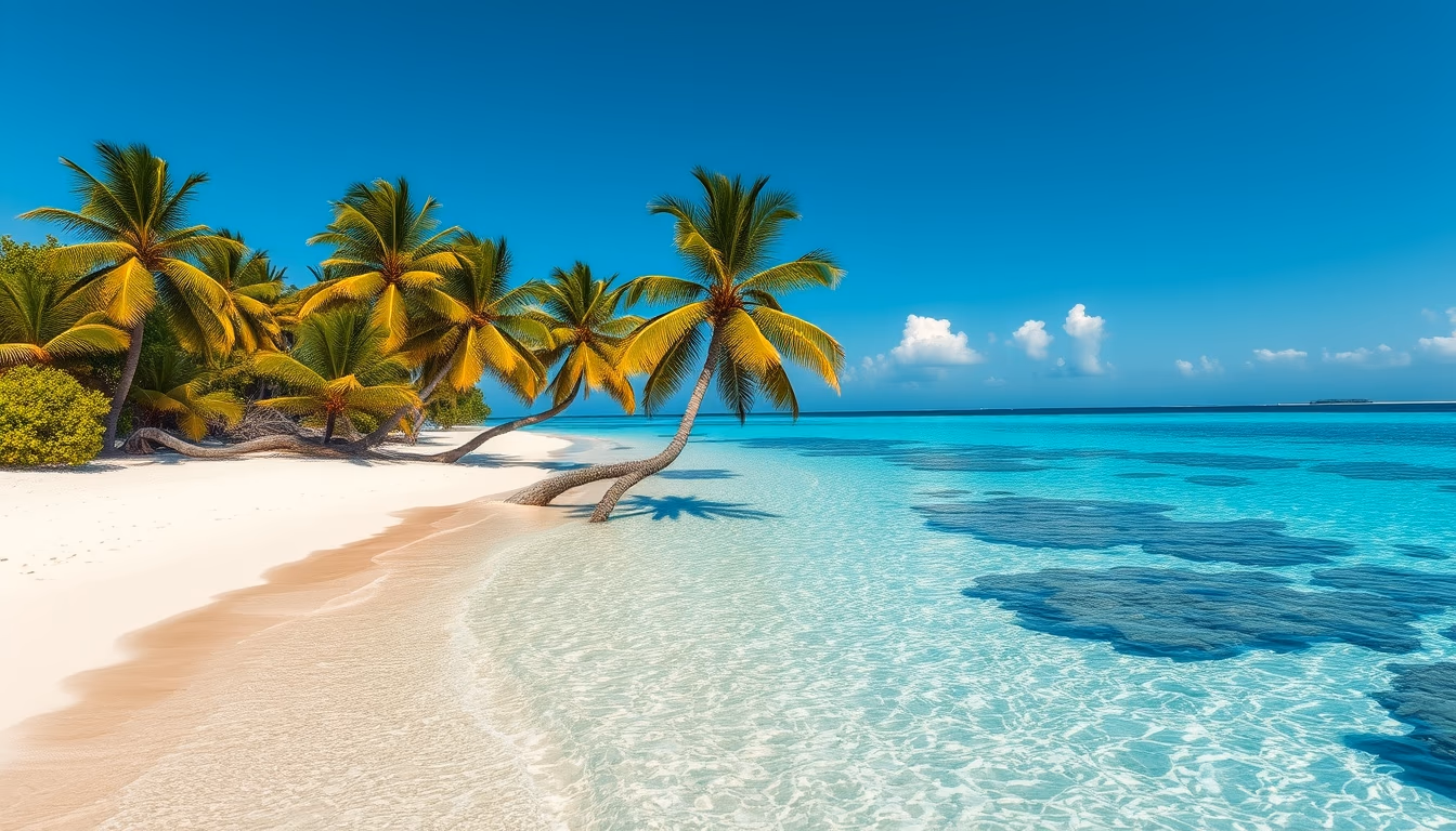 tropical beach paradise crystal clear water and palm trees in editorial style