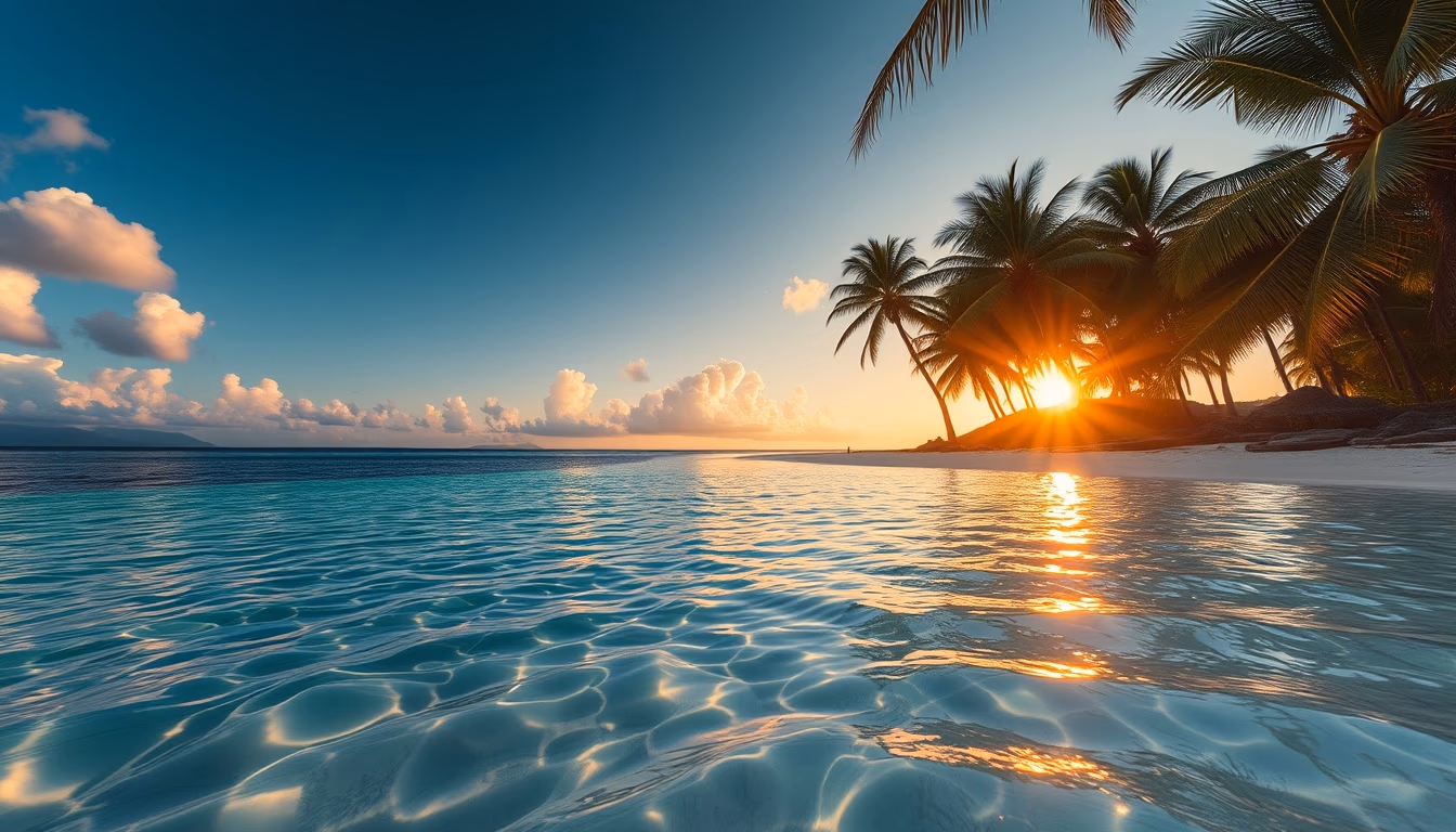 tropical beach paradise crystal clear water and palm trees in editorial style