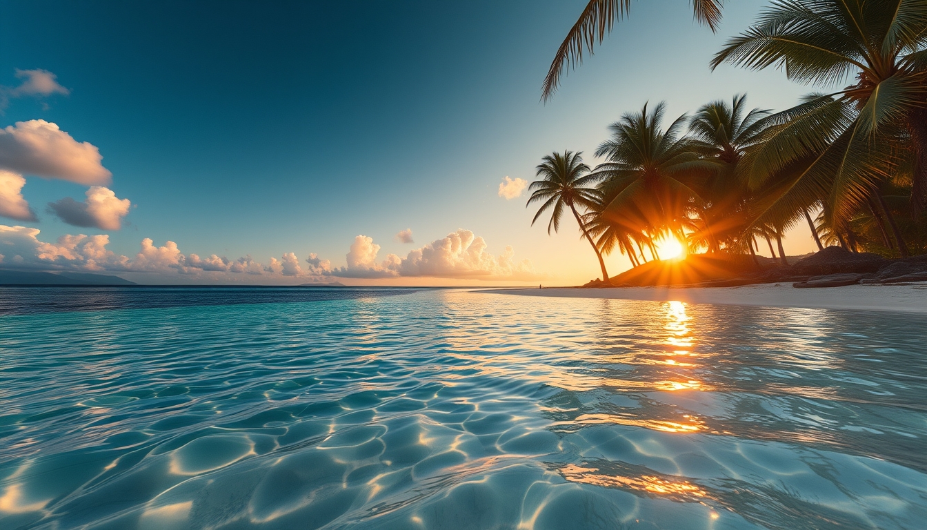 Praia tropical paradisíaca água cristalina e palmeiras em estilo editorial