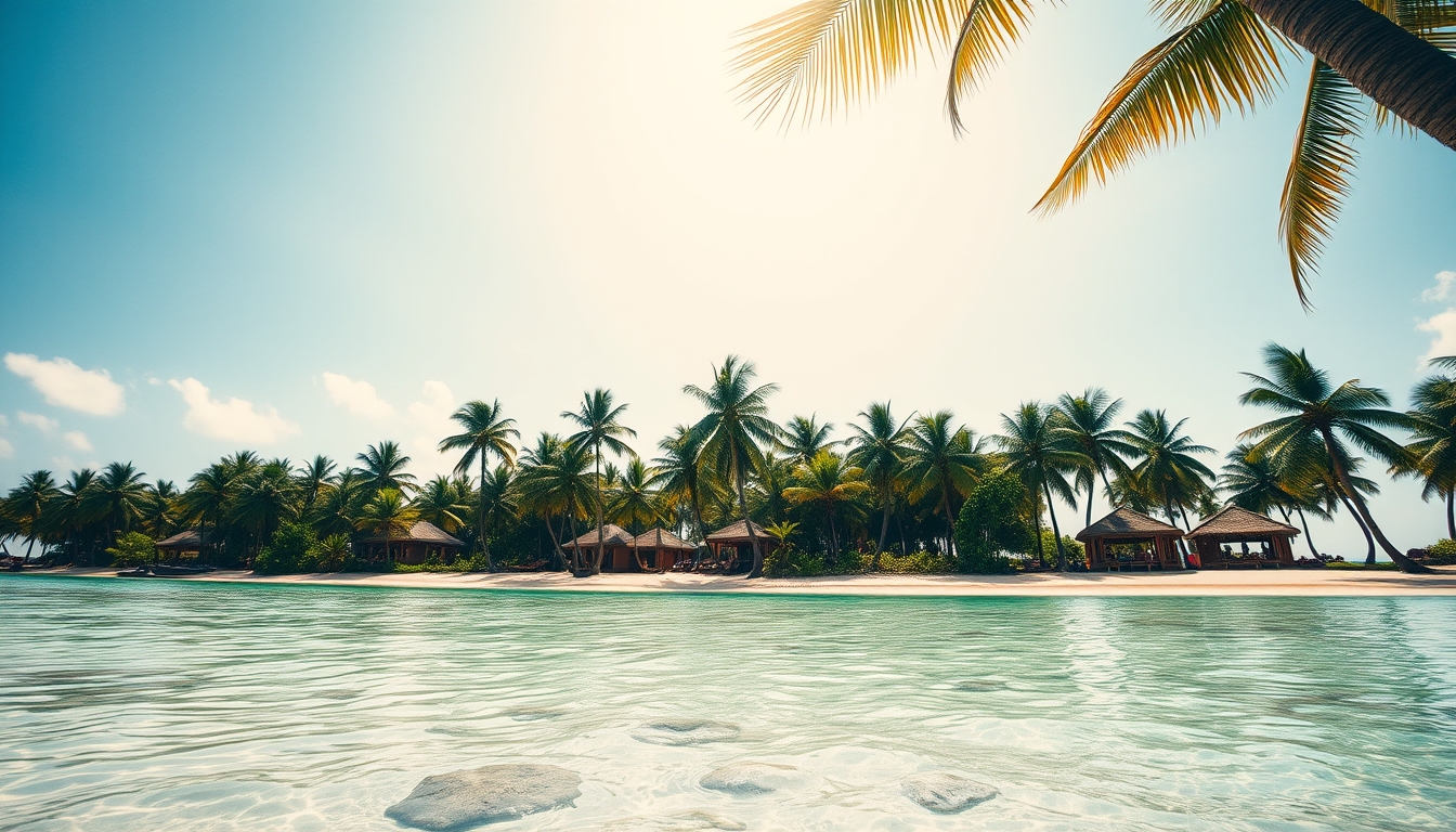 Praia tropical paradisíaca água cristalina e palmeiras em estilo editorial