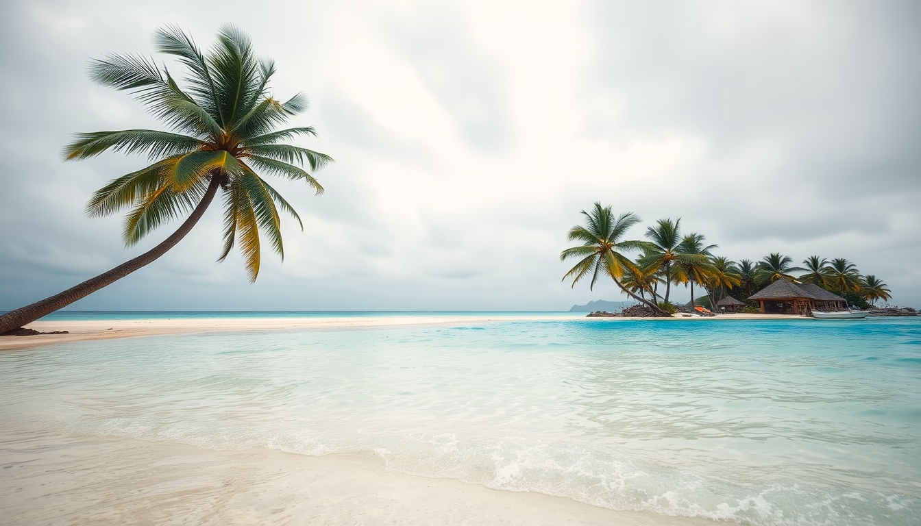 tropical beach paradise crystal clear water and palm trees in editorial style