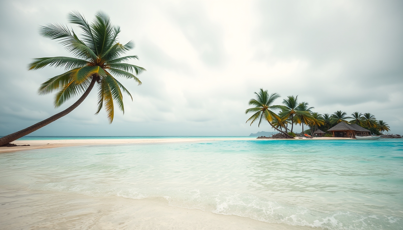 Praia tropical paradisíaca água cristalina e palmeiras em estilo editorial