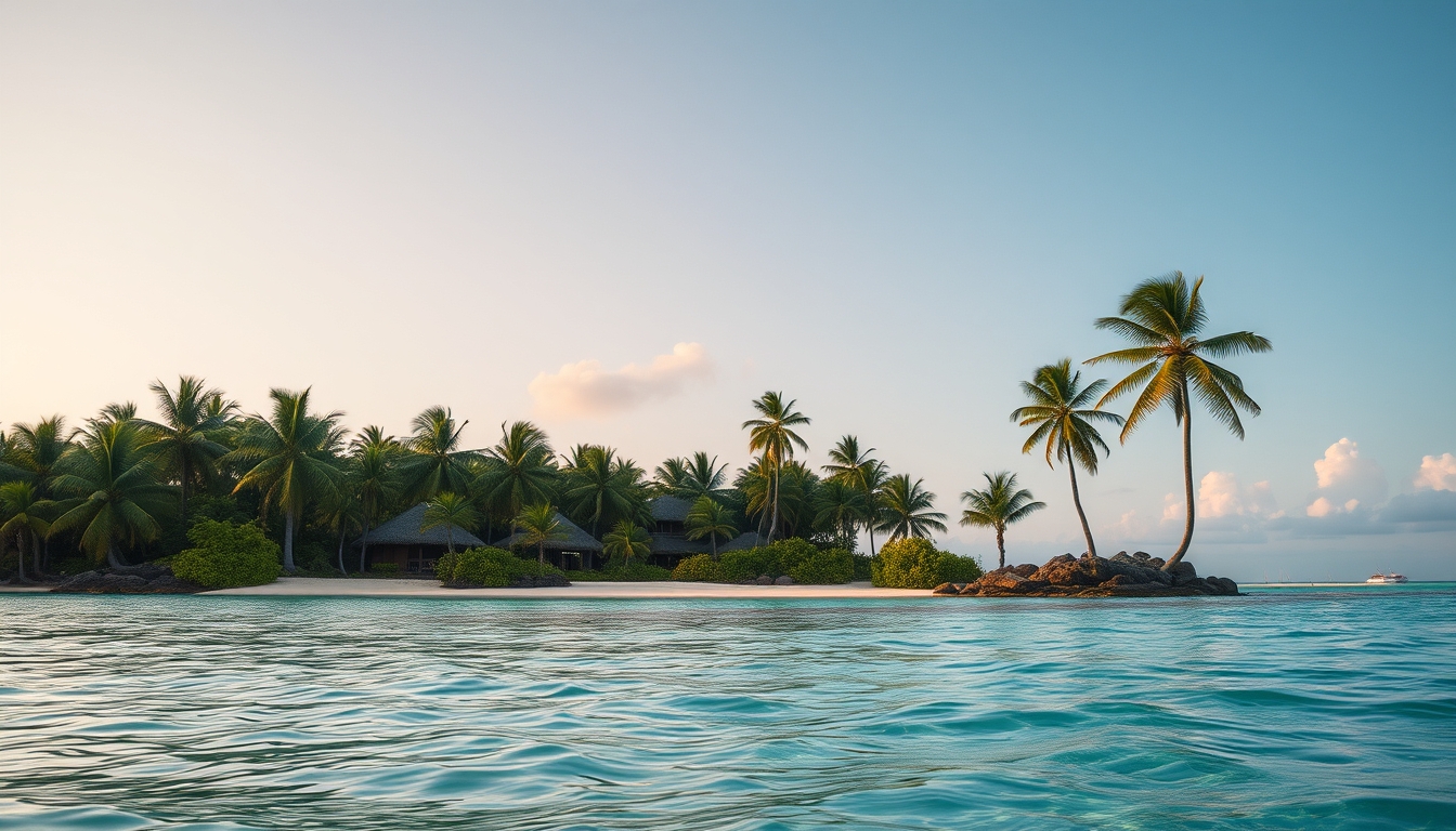 Praia tropical paradisíaca água cristalina e palmeiras em estilo editorial
