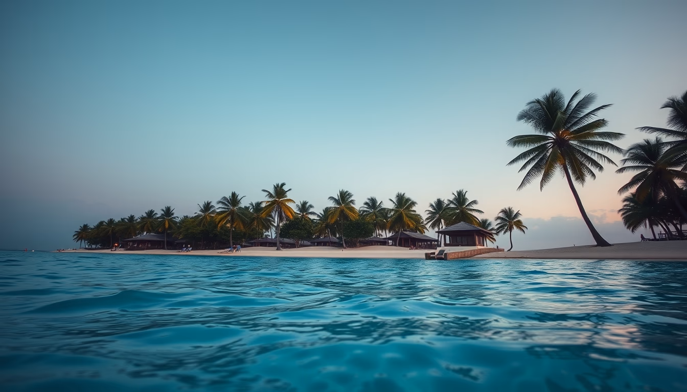 tropical beach paradise crystal clear water and palm trees in editorial style